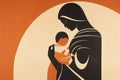 AI generated illustration of a mother cradling her newborn child on an orange background