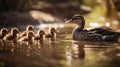 AI generated illustration of A mother duck swims in a body of water with her young ducklings