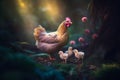 AI generated illustration of a mother hen in a grassy meadow beneath a tree with her adorable chicks