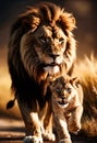 AI generated illustration of a mother lion tenderly walking side-by-side with her adorable cub