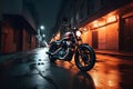 AI generated illustration of a motorcycle parked on a wet asphalt road illuminated by night lights Royalty Free Stock Photo