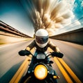 AI generated illustration of a motorcyclist riding a vintage motorbike down a country road Royalty Free Stock Photo