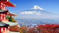 AI generated illustration of Mount Fuji from the top of a pagoda situated atop a hill Royalty Free Stock Photo