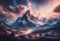 AI generated illustration of a Mountain landscape with a stunning starry sky in the center Royalty Free Stock Photo
