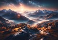 AI generated illustration of a Mountain landscape with a stunning starry sky in the center Royalty Free Stock Photo