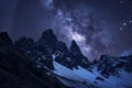 AI generated illustration of a mountain range covered with snow under a starry night sky Royalty Free Stock Photo