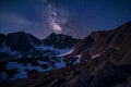 AI generated illustration of a mountain range covered with snow under a starry night sky Royalty Free Stock Photo