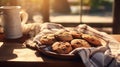 AI generated illustration of A mug and plate of freshly baked cookies on a rustic wooden tabletop Royalty Free Stock Photo