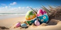 AI generated illustration of multicolored Easter eggs of different sizes placed on tropical seacoast on sunny day Royalty Free Stock Photo