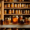 AI generated illustration of multiple jars of honey on shelves arranged in a line