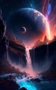 AI generated illustration of multiple luminous planets in the night sky above a cascading waterfall