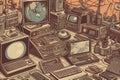 AI-generated illustration of multiple retro computers and other electronic devices. Royalty Free Stock Photo