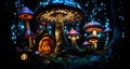 AI generated illustration of mushrooms aglow in forest with fairy lights