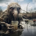 AI-generated illustration of a mutant stands on a muddy surface while holding a cup in one hand