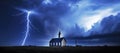 My God and Church protec us. Blue stormy sky with lightnings over a Church in the countryside Royalty Free Stock Photo