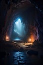 AI-generated illustration of a mysterious cave illuminated by a soft blend of orange and blue lights