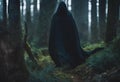 AI generated illustration of a mysterious figure with a black cape walking in a forest