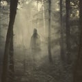 AI generated illustration of a mysterious figure shrouded in a white cloak in a dark forest