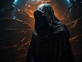 AI generated illustration of Mysterious figure stands in a dark black cloak
