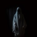 AI generated illustration of a mysterious figure in a white robe in the dark