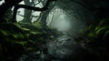 AI generated illustration of a mysterious and haunting forest with dense trees and lush moss