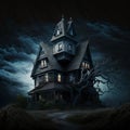 AI-generated illustration of a mysterious wooden house in a field under the dark clouds at night