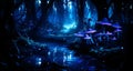 a blue light in a dark forest with mushrooms and other creatures
