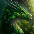 AI-generated illustration of a mystical dragon with vibrant green leaves.