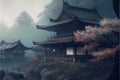 AI generated illustration of a mystical oriental building surrounded by trees on a foggy weather