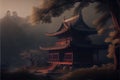 AI generated illustration of a mystical oriental building surrounded by trees on a foggy weather