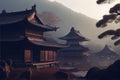AI generated illustration of mystical oriental buildings with mountainous background
