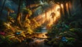 AI generated illustration of A mystical rainforest scene during the golden hour