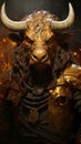 AI generated illustration of a mythical bovine creature wearing golden armor, surrounded by flames