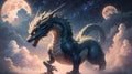 AI generated illustration of a mythical dragon creature against a backdrop of clouds and moons