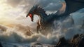 AI generated illustration of a mythical dragon surrounded by large rocks