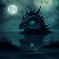 Ai generated illustration of mythical monster peering out of dark lake full moon