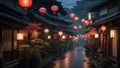 AI-generated illustration of a narrow alleyway illuminated by traditional Asian lanterns