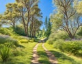 AI generated illustration of a narrow road winding through a park