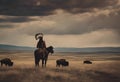 AI-generated illustration of a Native American man on a horse in a vast field with bison