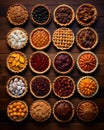 AI-generated illustration of a neatly arranged display of delicious-looking pies, with several rows