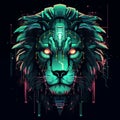 AI generated illustration of a neon avatar lion cyberpunk, encircled by a spectrum of vivid colors