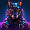 AI generated illustration of a neon avatar wolf cyberpunk, emitting a bright white light