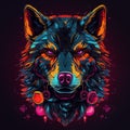 AI generated illustration of a neon avatar wolf cyberpunk,surrounded by a dark background