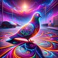 AI generated illustration of a neon-bright pigeon with patterns in a psychedelic urban dawn