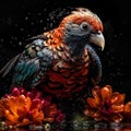 AI generated illustration of a Nestor - kaka perched atop a bouquet of colorful flowers Royalty Free Stock Photo