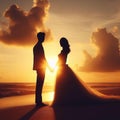 AI generated illustration of a newly married couple on the beach at sunset Royalty Free Stock Photo
