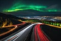 AI generated illustration of a night highway with colorful aurora borealis in the sky above Royalty Free Stock Photo