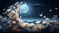 AI generated illustration of a full moon, flowers and delicate butterflies in flight