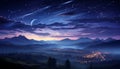 AI generated illustration of a night-time landscape featuring mountains and a round full moon