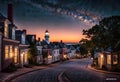 AI generated illustration of a night view of historic waterfront buildings along a charming street